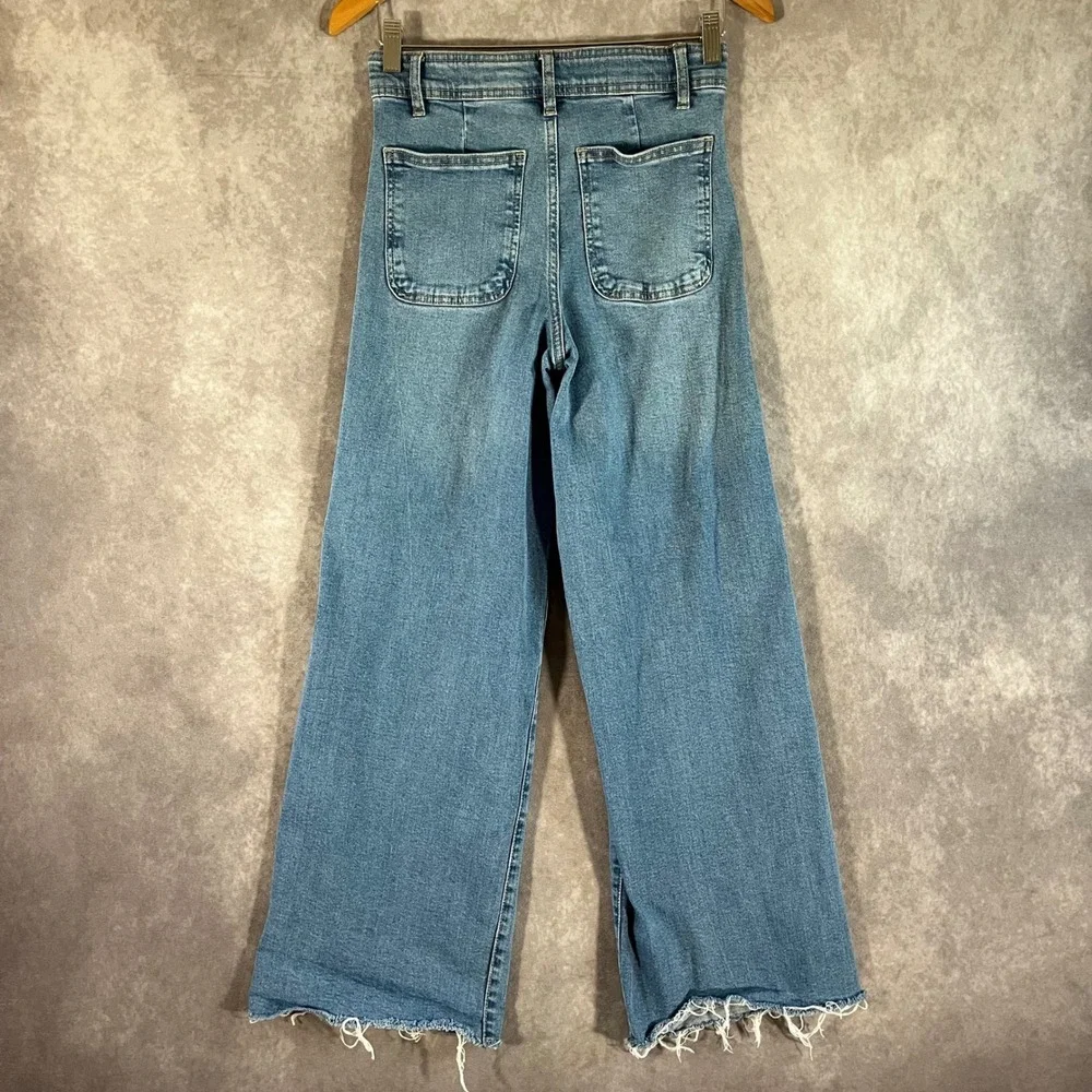 Zara Wide Leg Jeans Women 13-14 Blue High Rise Raw Hem Adjustable 26 in Waist - Picture 2 of 11